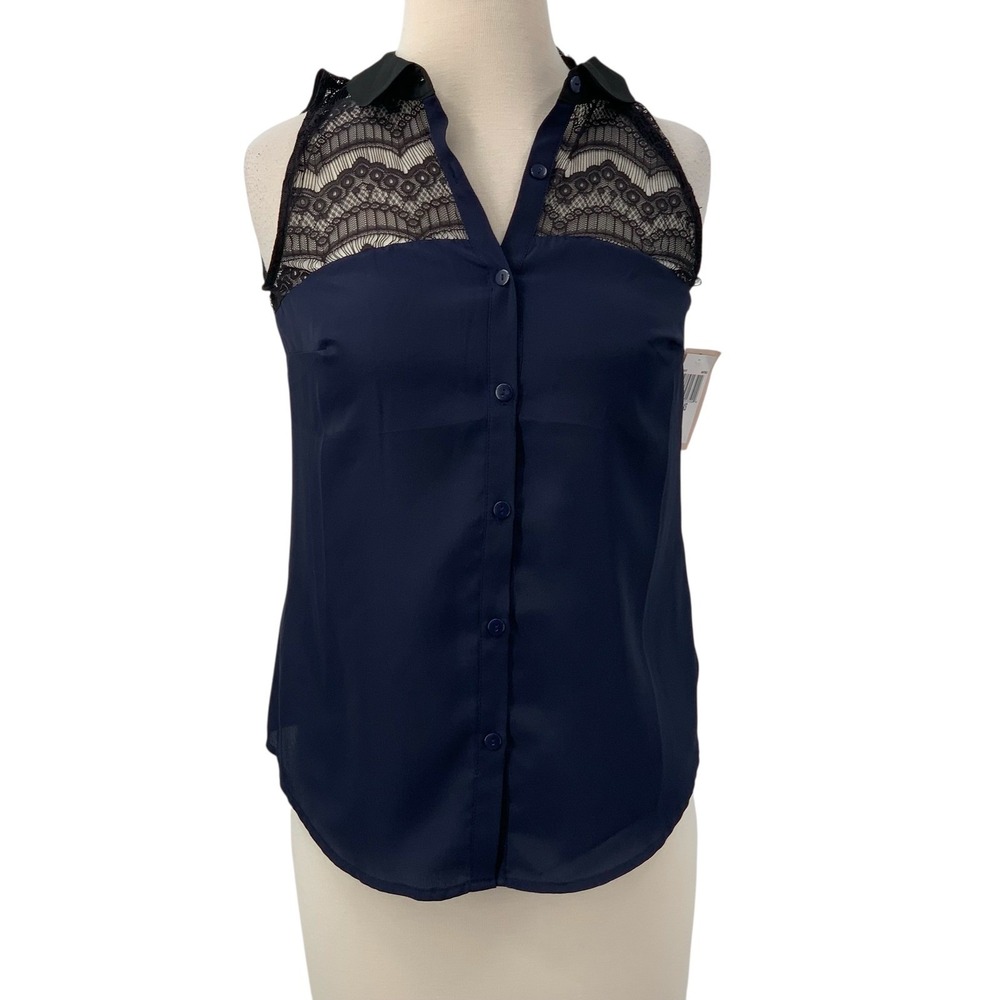 NWT Philosophy Women's Sleeveless Button Down Blouse Top Navy/Black Lace Size XS